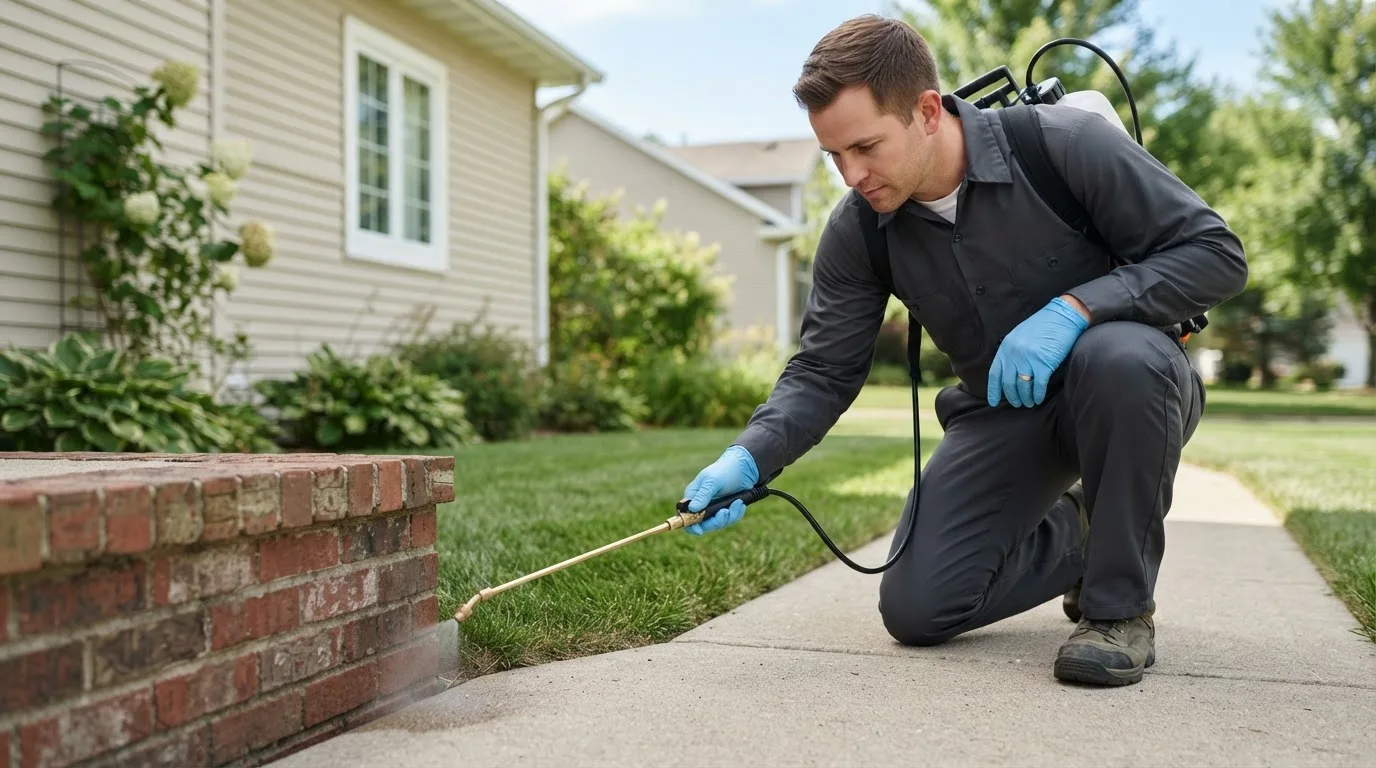 Pest control technician treating a home near Plaza, ND