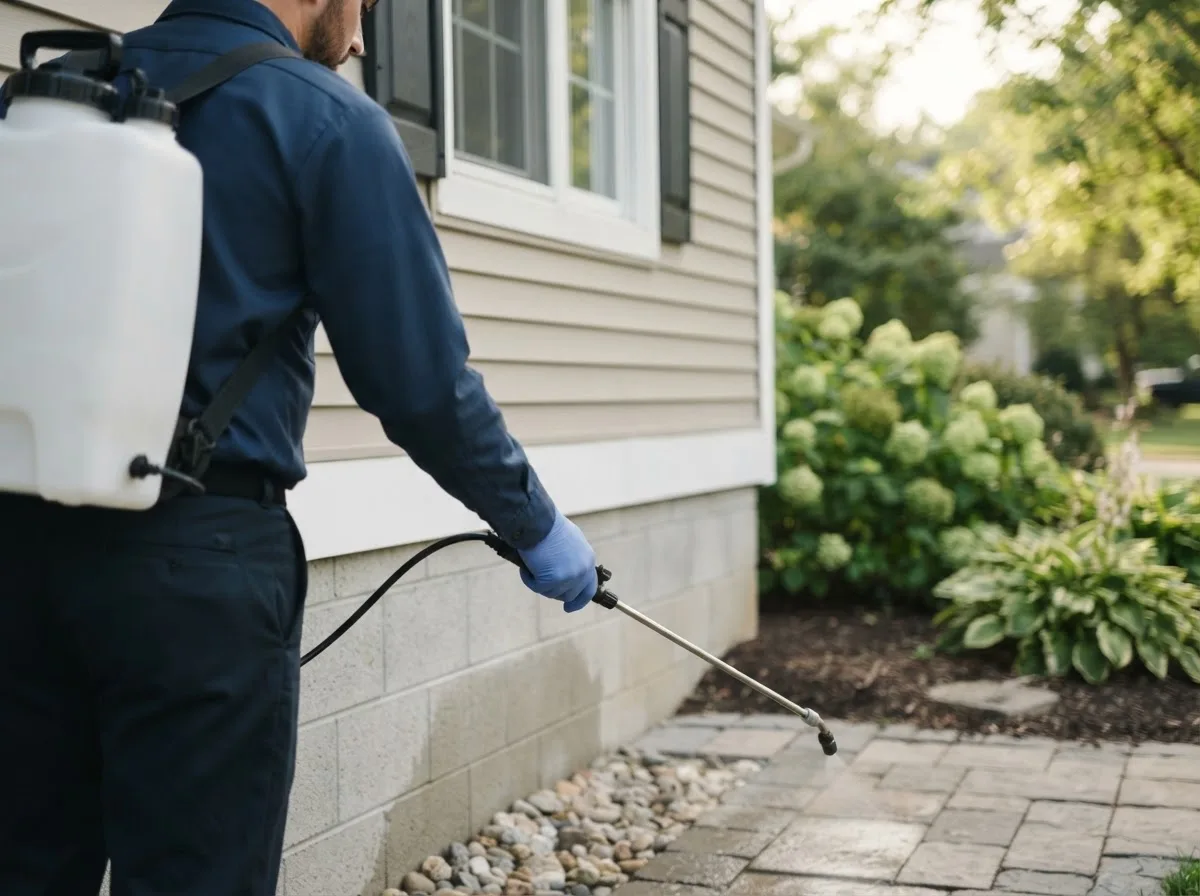 Pest control technician inspecting a home in Plaza, ND